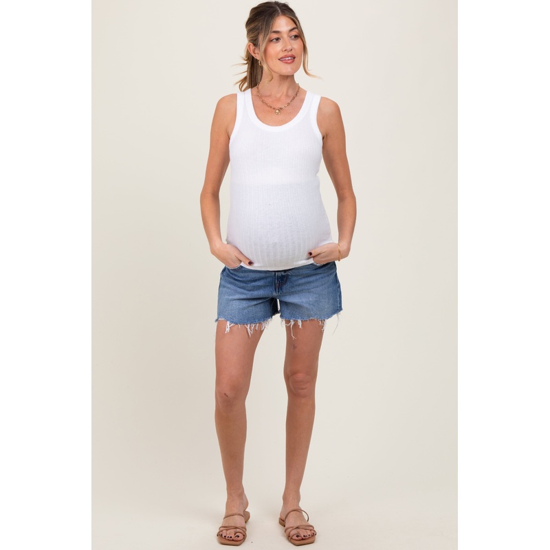Blue High Rise Distressed Hem A Line Denim Maternity Shorts