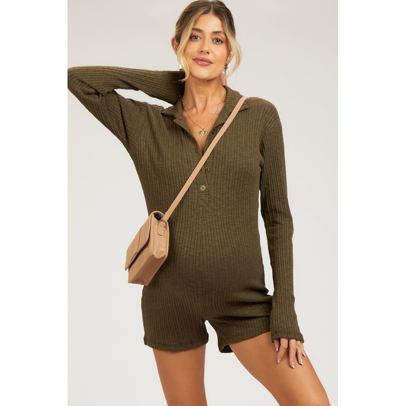 Olive Rib Knit Collared Maternity Romper