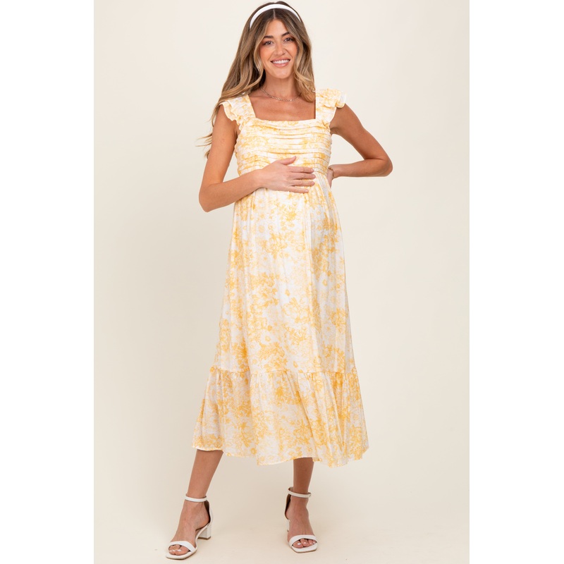 Yellow Floral Ruffle Strap Pleated Bodice Maternity Midi Dress