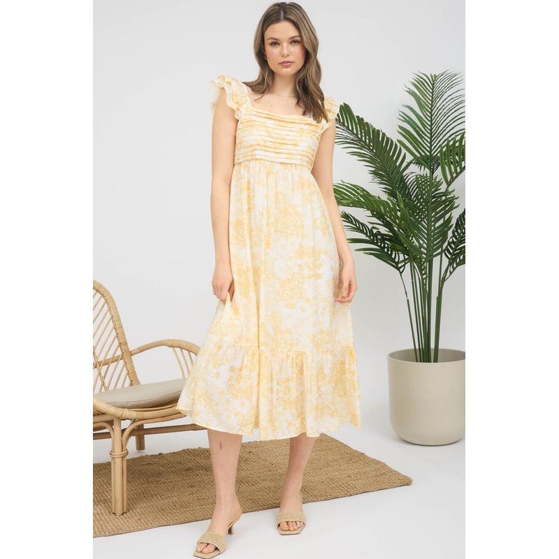 Yellow Floral Ruffle Strap Pleated Bodice Midi Dress