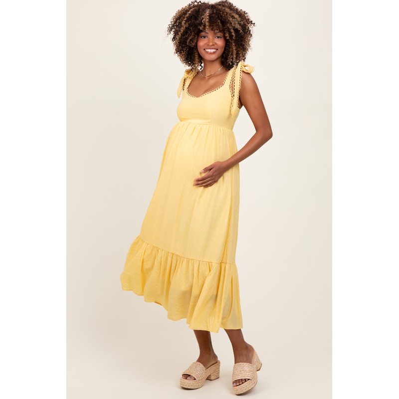 Yellow Scallop Trim Shoulder Tie Maternity Midi Dress