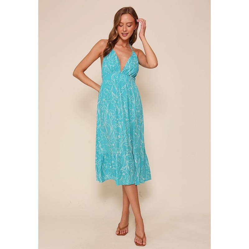 Aqua Floral Sleeveless Halter Neck Open Back Dress