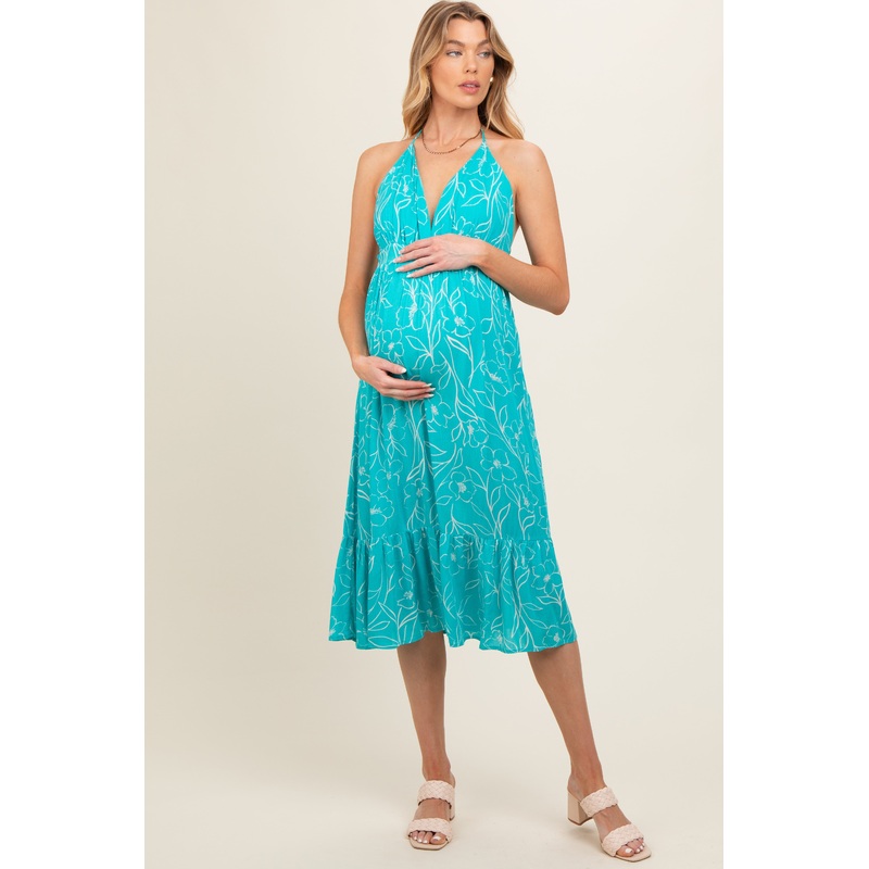 Aqua Floral Sleeveless Halter Neck Open Back Maternity Dress