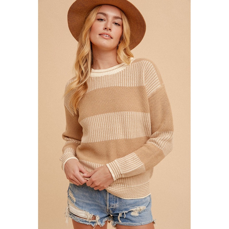 Beige Crew Neck Oversized Two-Tone Stripe Sweater