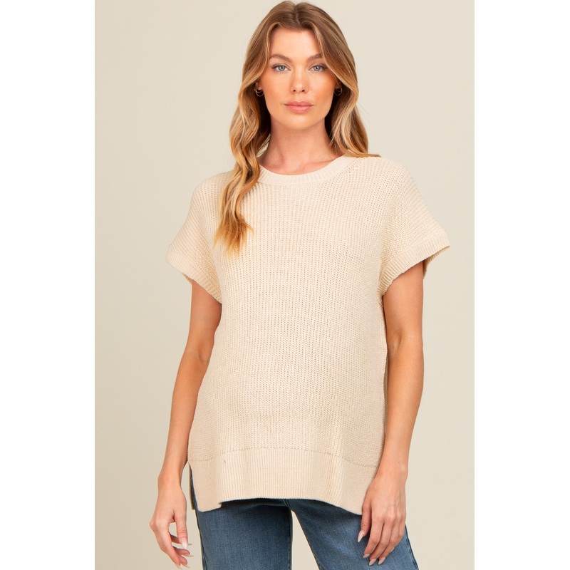 Beige Dolman Short Sleeve Side Slit Maternity Sweater Top