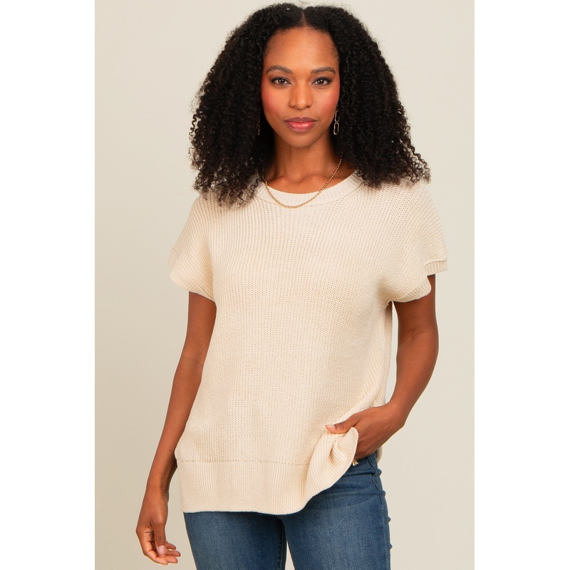 Beige Dolman Short Sleeve Side Slit Sweater Top
