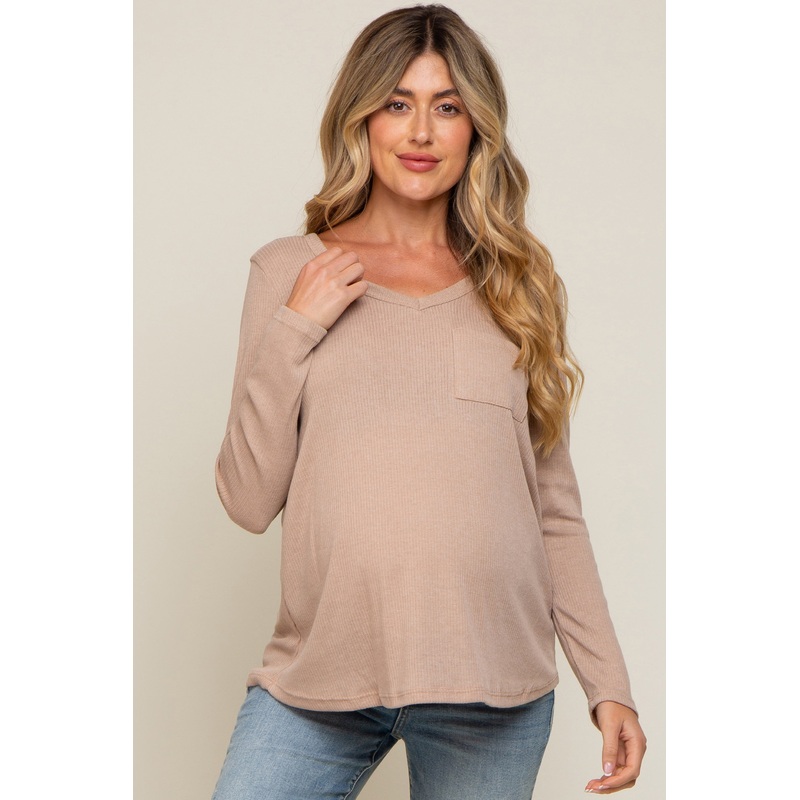 Beige Ribbed Knit Maternity Long Sleeve Top