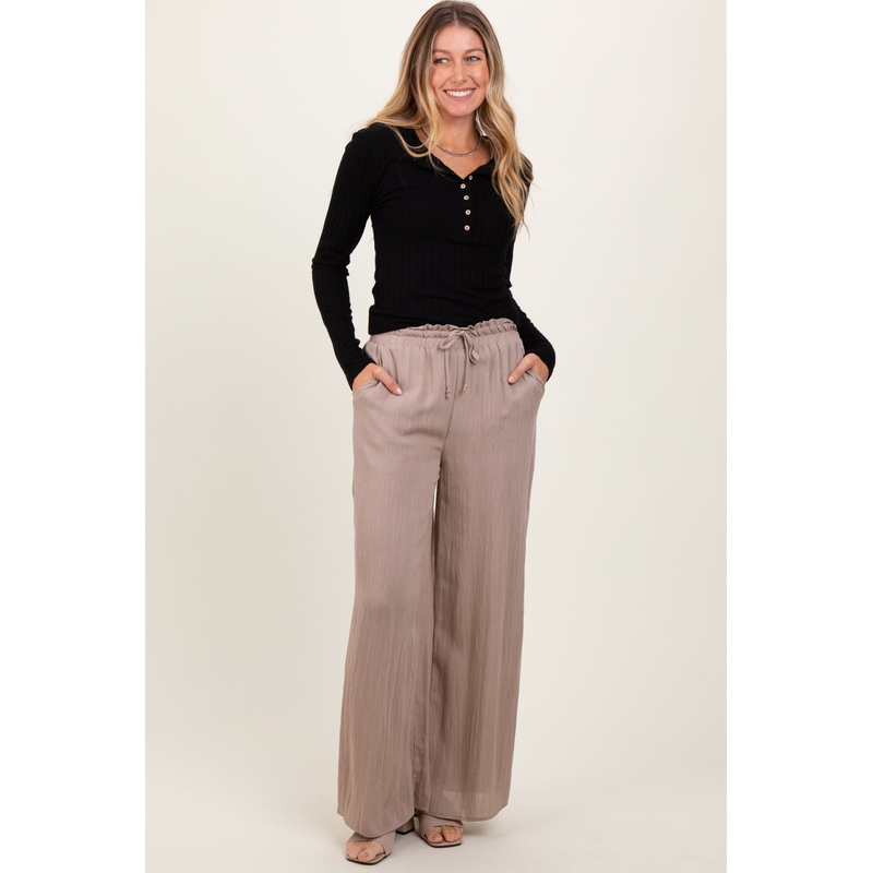 Beige Ruffled Drawstring Waist Wide Leg Pants