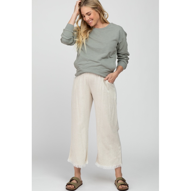 Cream Linen Frayed Hem Crop Maternity Pants