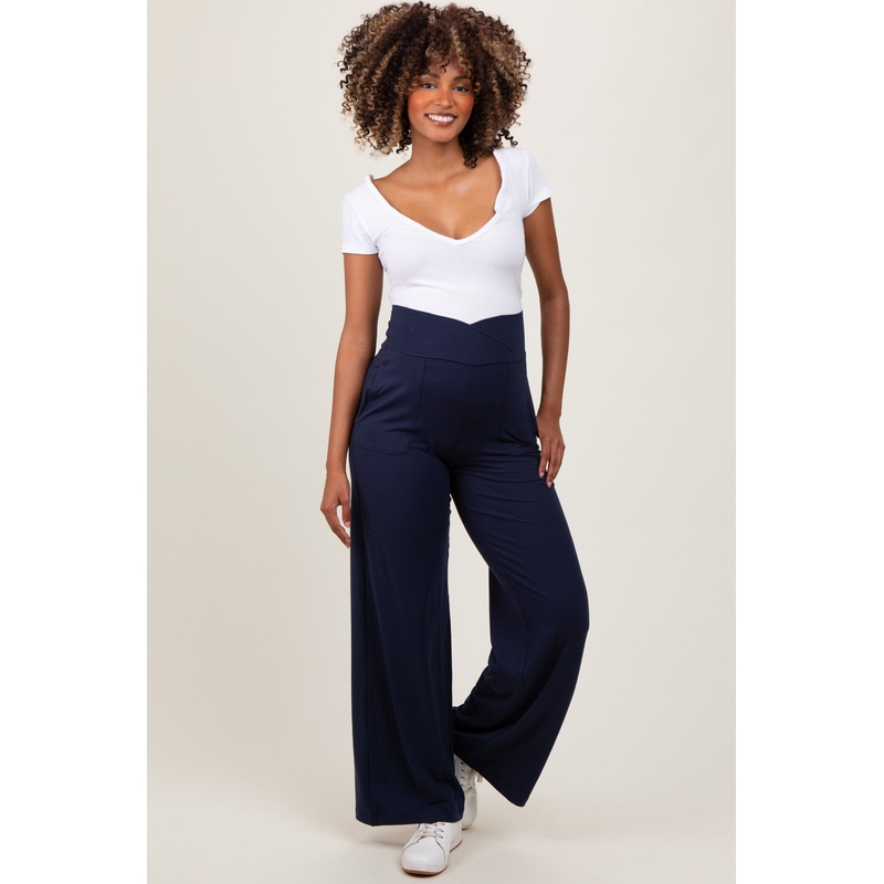 Navy Crossover Waist Active Wide Leg Maternity Pant