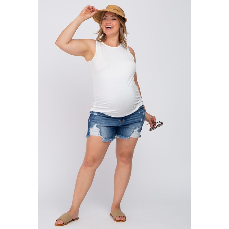 Navy Distressed Frayed Hem Plus Maternity Shorts