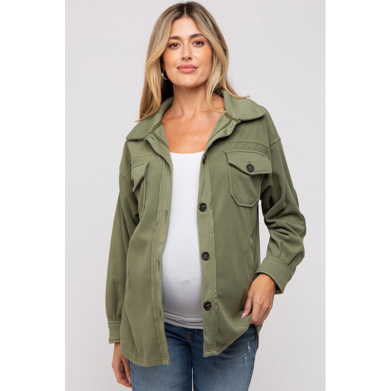 Olive Fleece Double Front Pocket Maternity Jacket