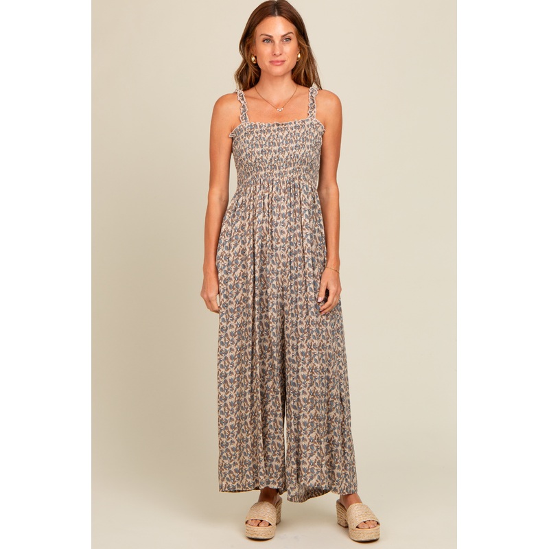 Taupe Printed Smocked Wide Leg Jumpsuit