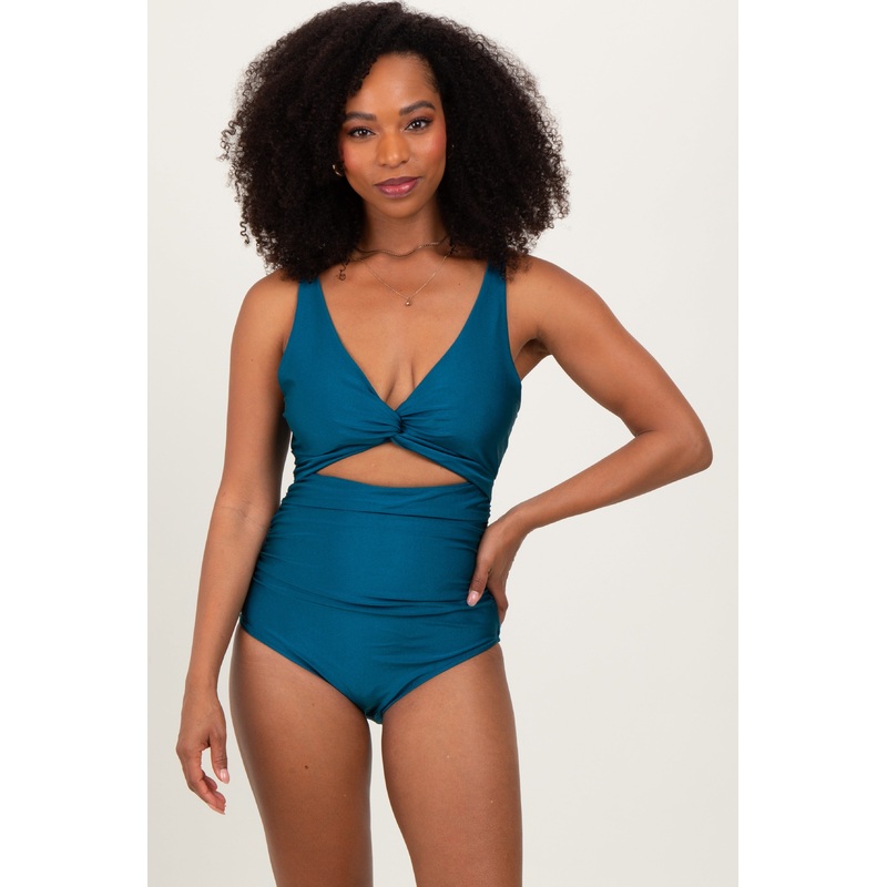 Teal Ruched Sides Front Cutout One Piece Swimsuit