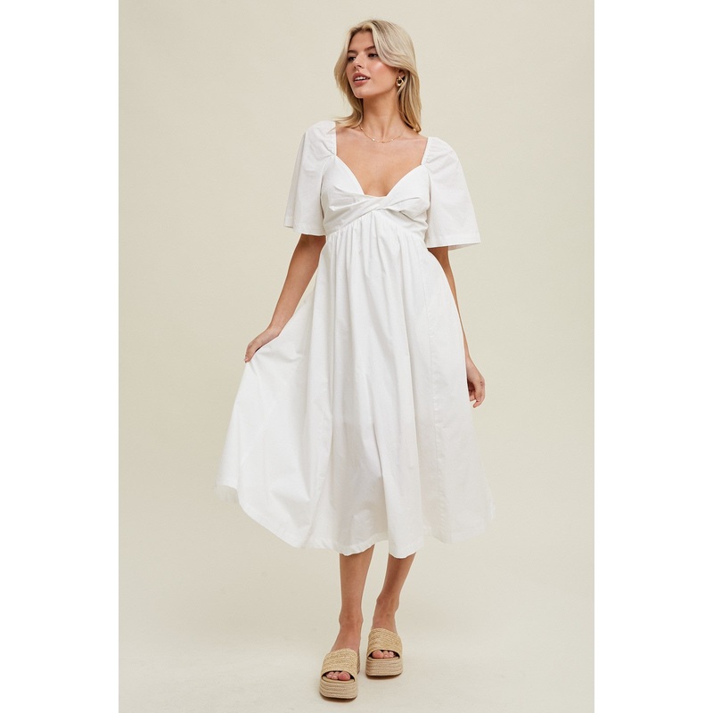 White Poplin Cotton Midi Dress With Front Twist