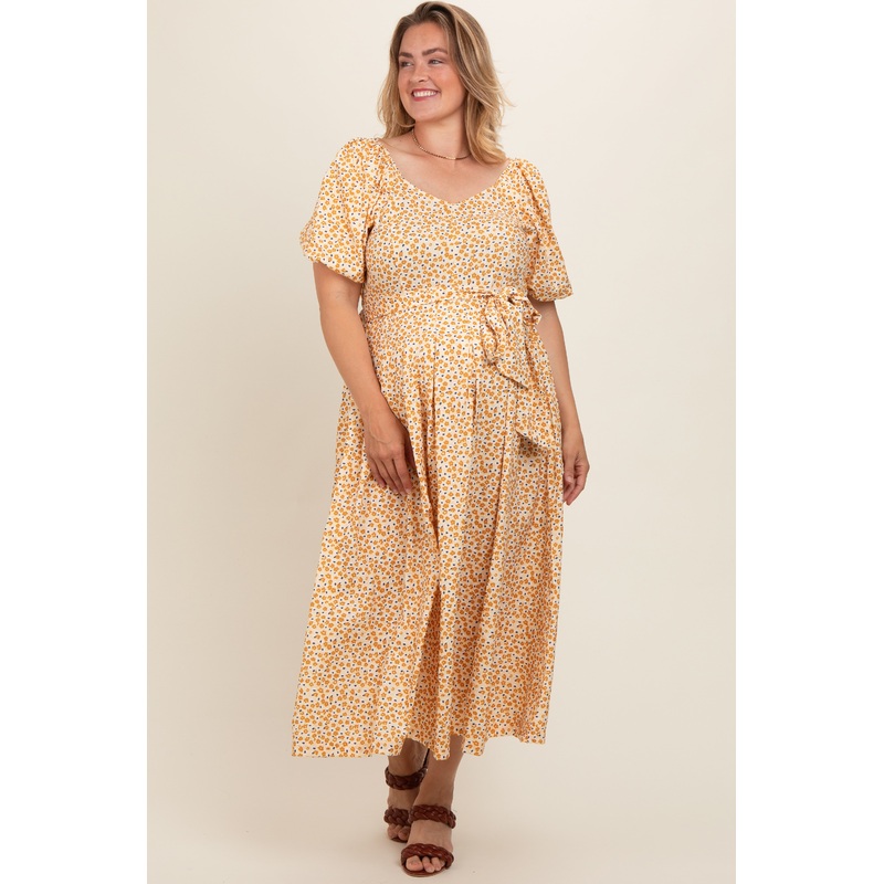 Yellow Floral Short Puff Sleeve Maternity Plus Midi Dress