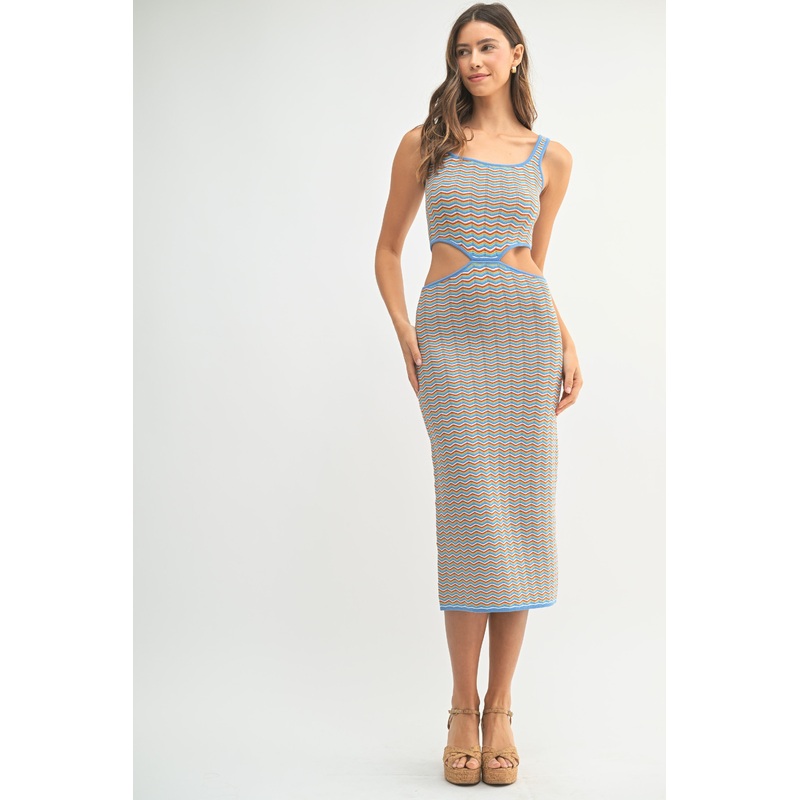 Aqua Chevron Knit Cutout Midi Dress