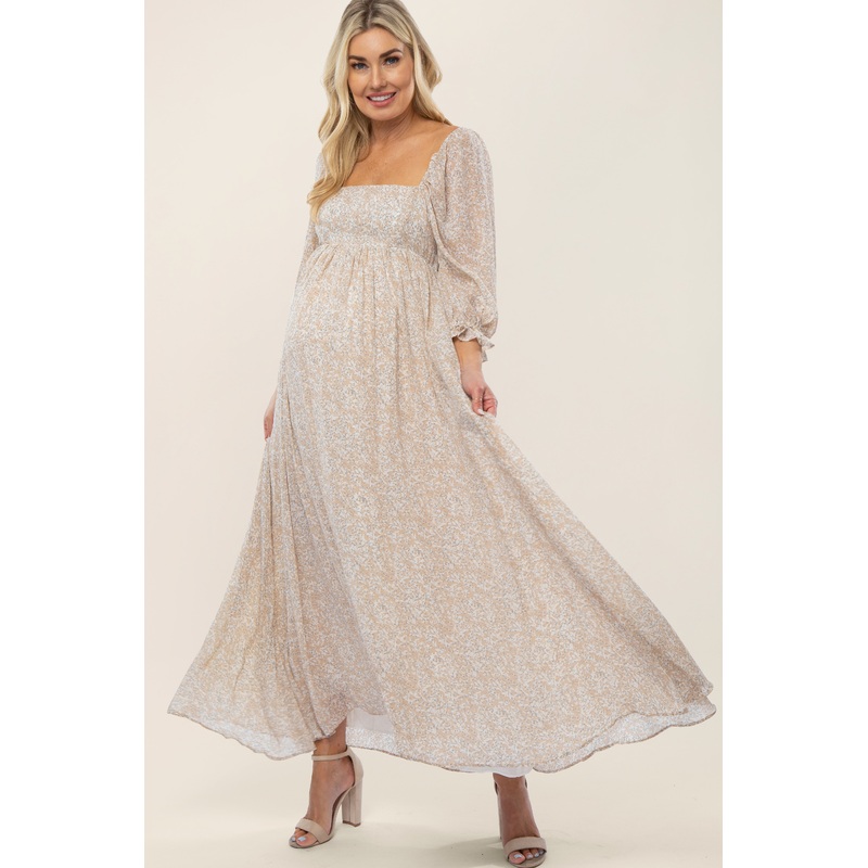Beige Chiffon Printed Square Neck Empire Maternity Maxi Dress