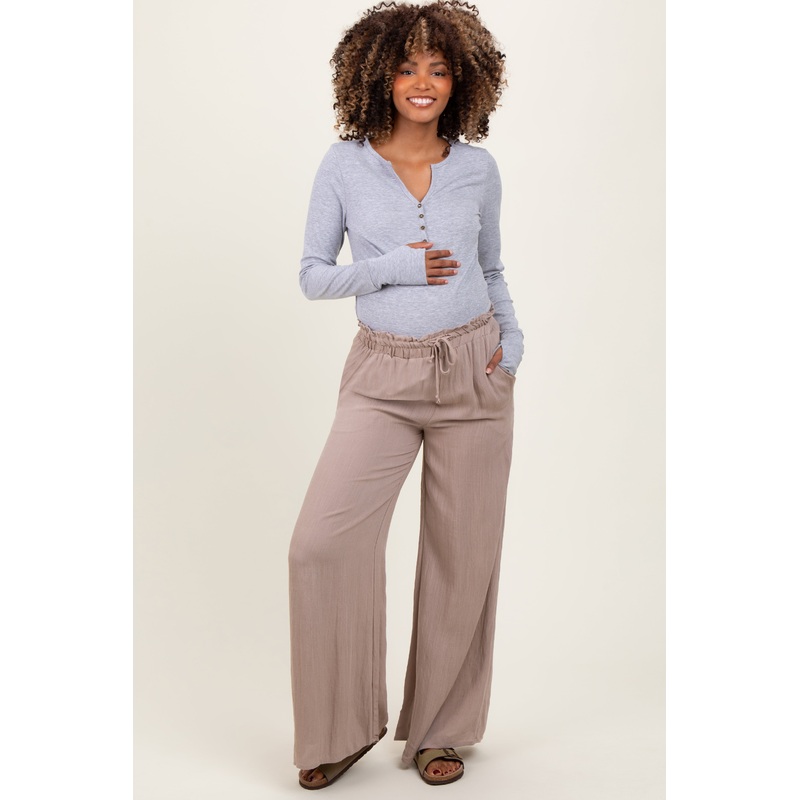 Beige Ruffled Drawstring Waist Wide Leg Maternity Pants