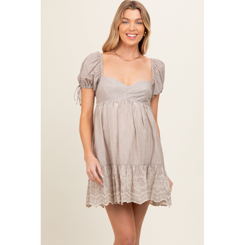 Beige Striped Floral Eyelet Maternity Mini Dress