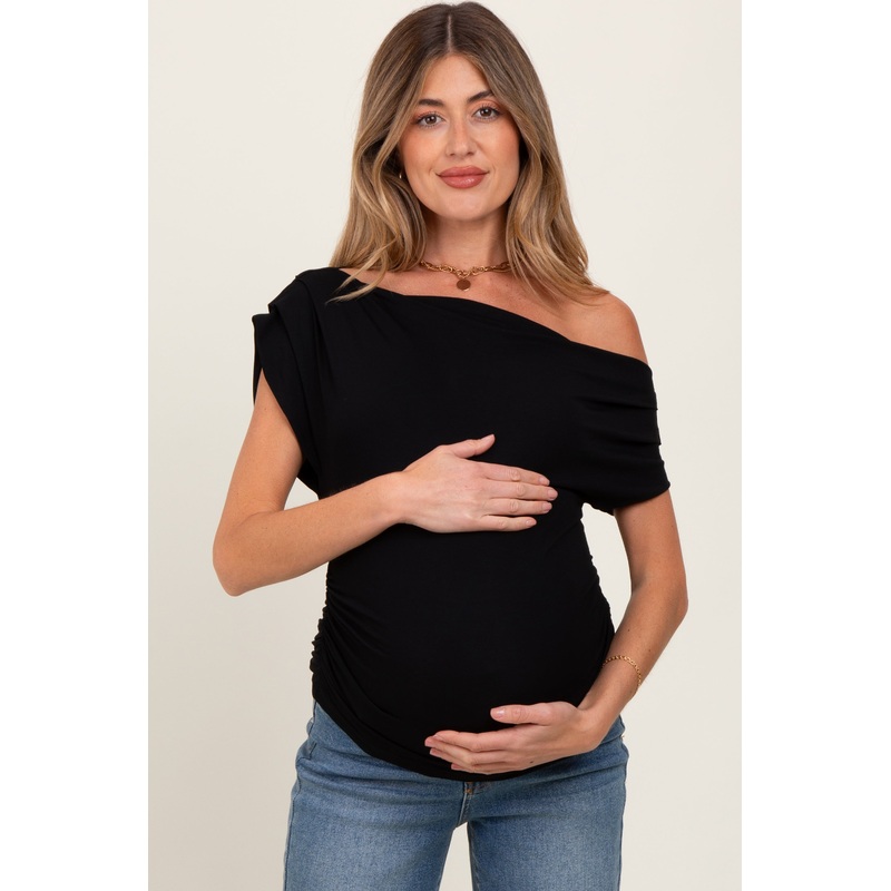 Black Asymmetrical Neck Line Ruched Knit Maternity Top