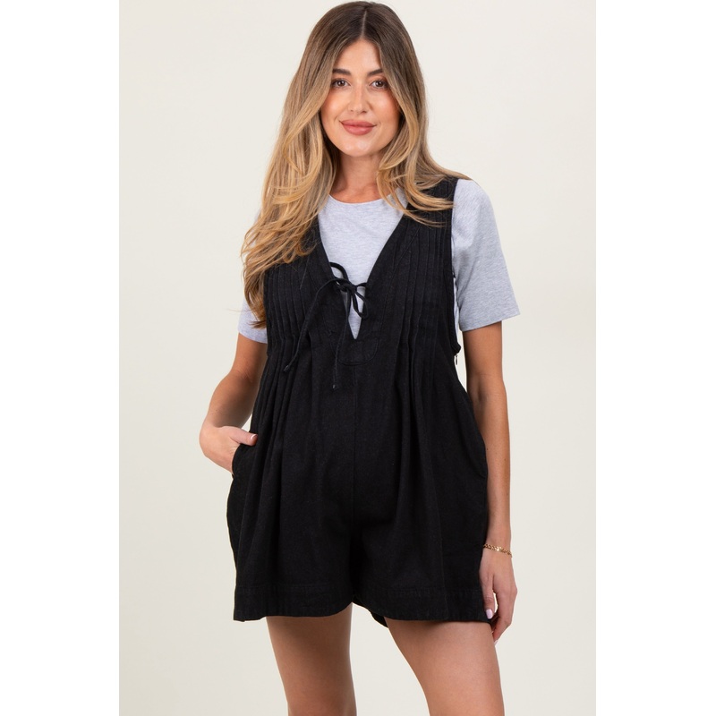 Black Deep V-Neck Pleated Front Tie Sleeveless Maternity Romper