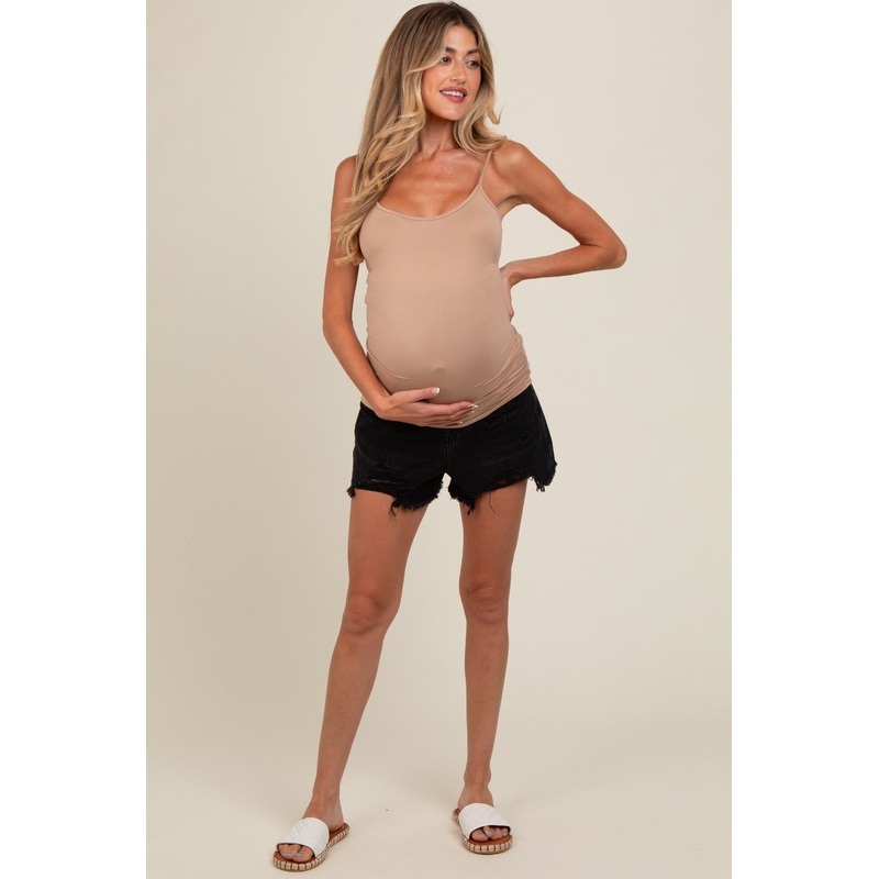 Black Distressed Fringe Hem Maternity Denim Shorts