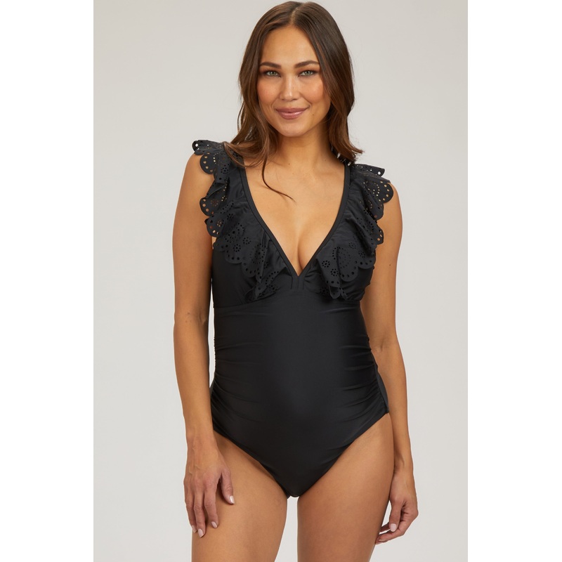 Black Lasercut Detail Ruffle Trim One Piece Maternity Swimsuit