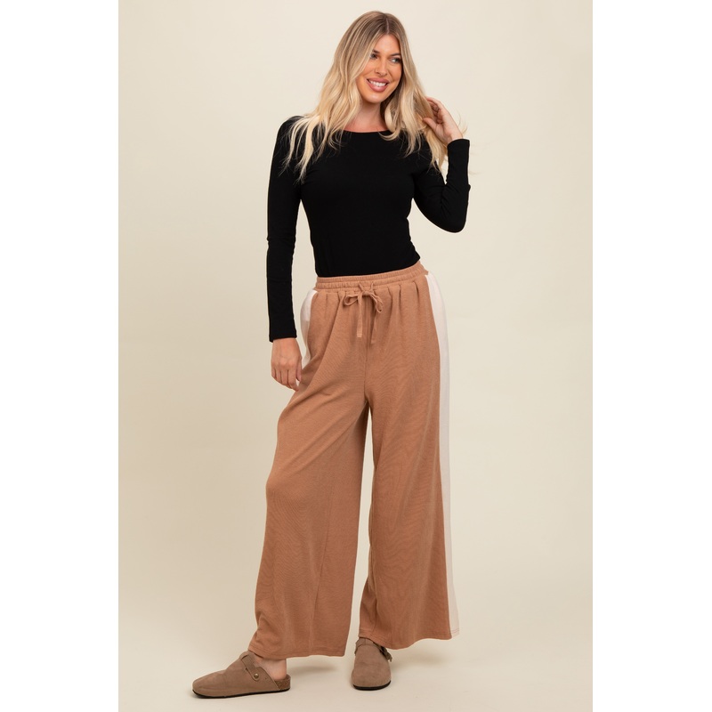 Camel Contrast Stripe Side Slit Pants