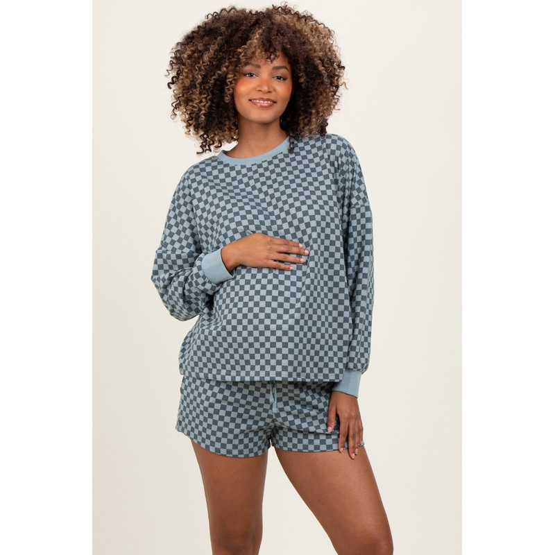 Dark Teal Checkered Plaid Pullover Shorts Maternity Set