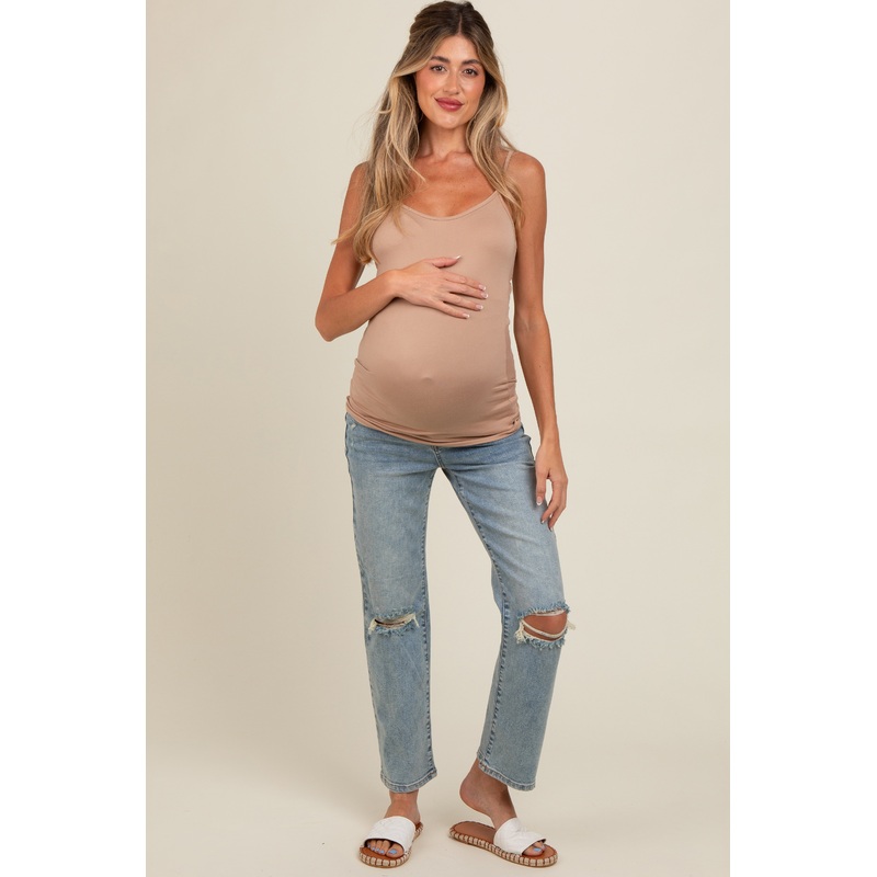 Light Blue Distressed Knee Crop Maternity Jeans