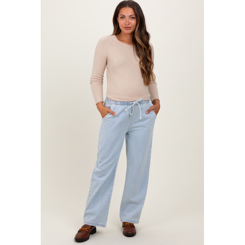 Light Blue Washed Chambray Drawstring Relaxed Fit Maternity Pants