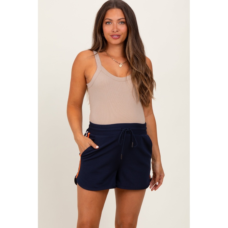 Navy Drawstring Stripe Detail Maternity Shorts