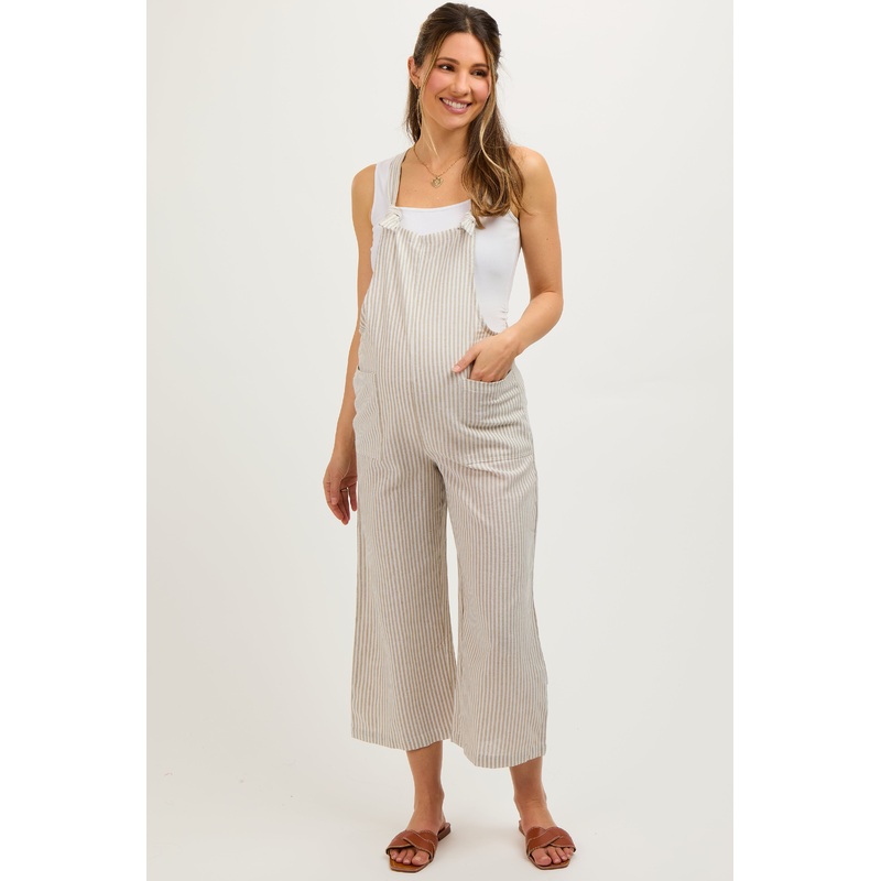 Taupe Striped Linen Maternity Overalls