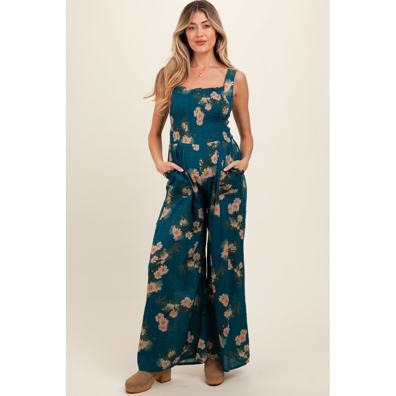 Teal Floral Smocked Maternity Jumpsuit