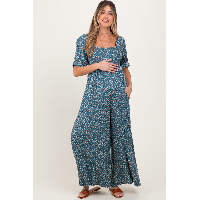 Teal Floral Smocked Puff Sleeve Maternity Jumpsuit
