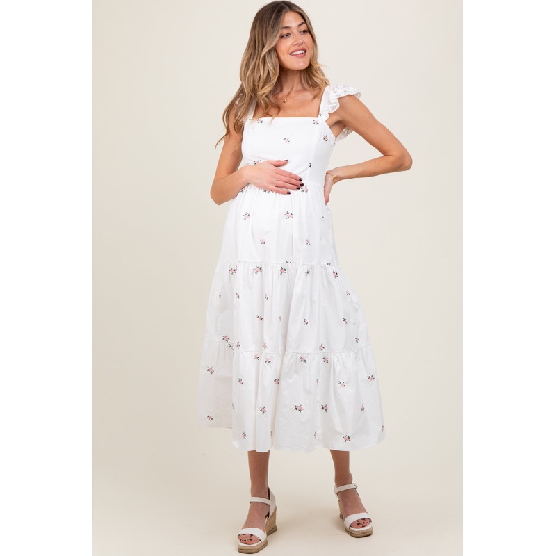 White Floral Embroidered Tiered Maternity Midi Dress