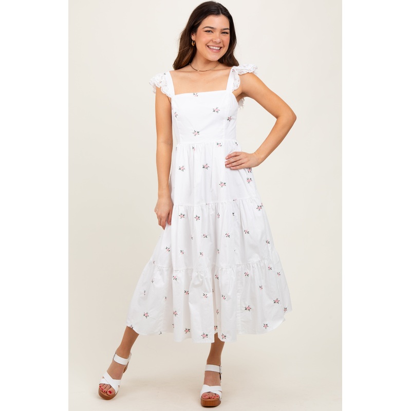 White Floral Embroidered Tiered Midi Dress