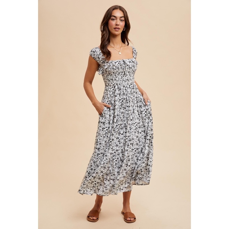 White Floral Smocked Ruffle Detail Midi Dress