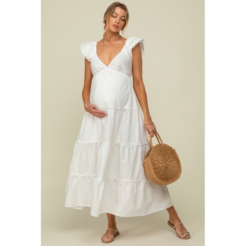 White Ruffle Trim Maternity Maxi Dress