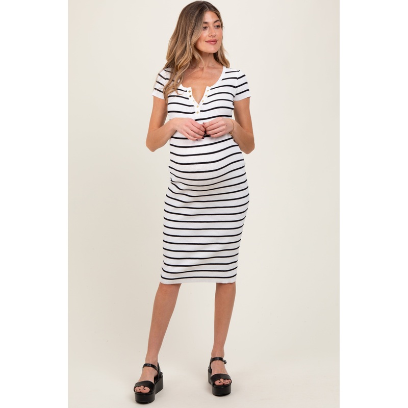 White Striped Ribbed Henley Fitted Maternity Midi Dress