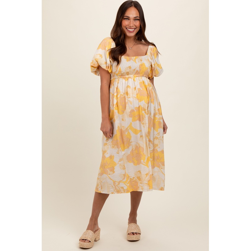 Yellow Floral Square Neck Smocked Short Puff Sleeve Maternity Midi Dress