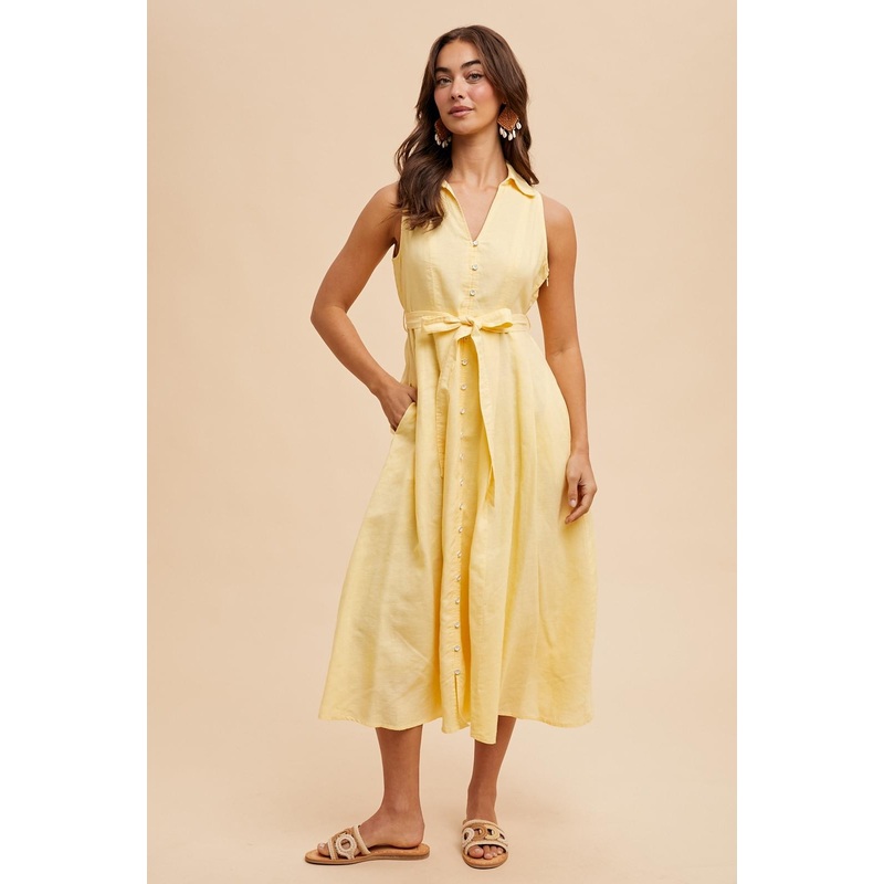 Yellow Sleeveless Linen Blend Midi Shirt Dress