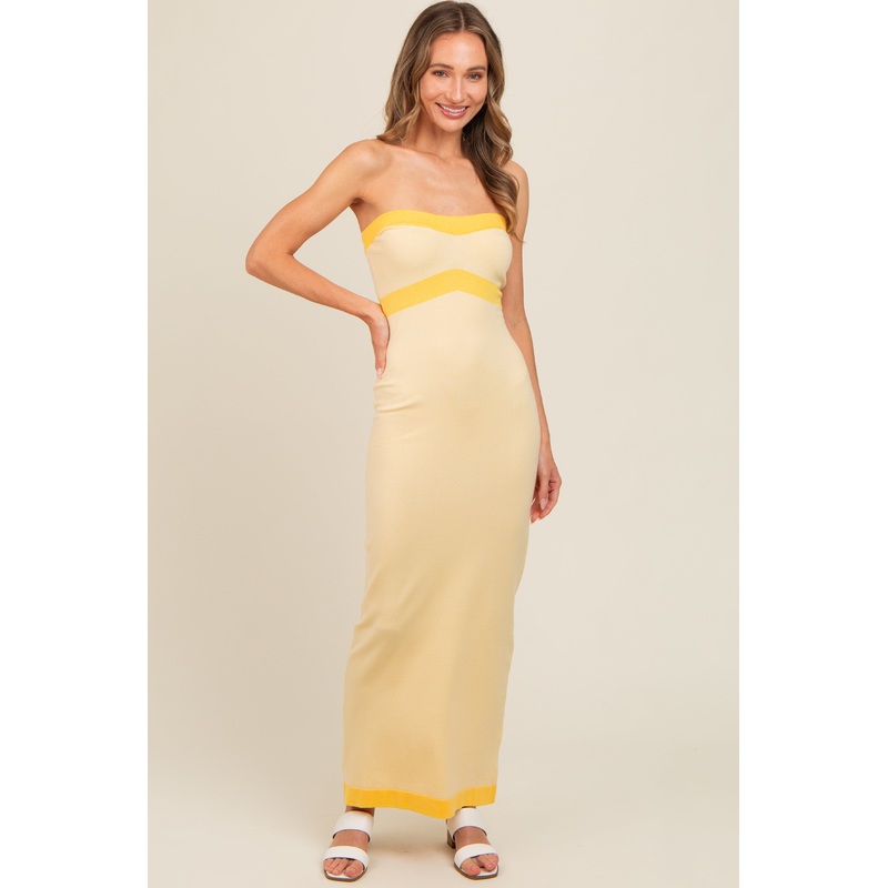 Yellow Strapless Contrast Trim Maxi Dress