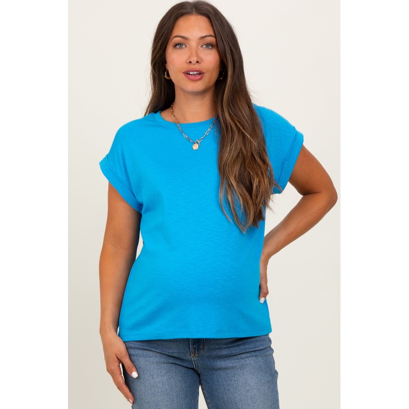 Aqua Rolled Short Sleeve Maternity Tee