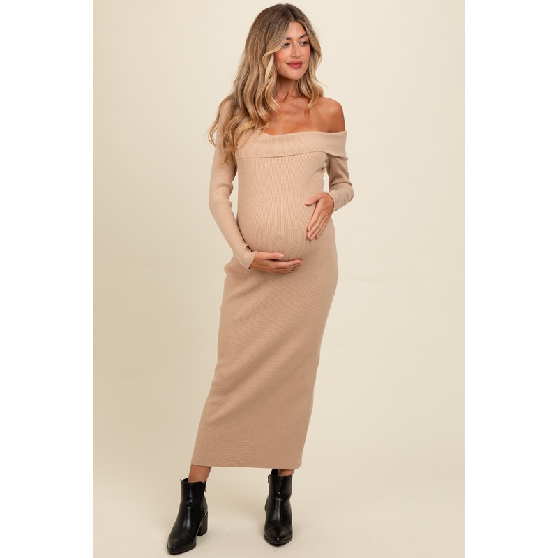Beige Foldover One Shoulder Maternity Maxi Sweater Dress