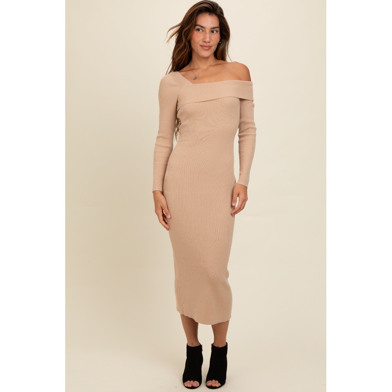 Beige Foldover One Shoulder Maxi Sweater Dress