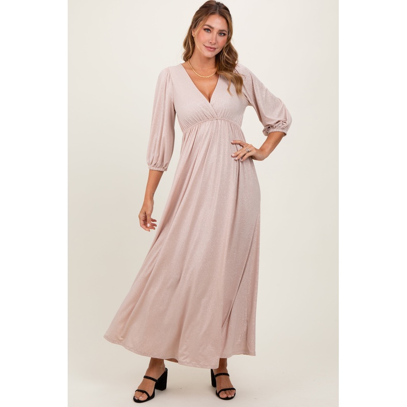 Beige Glitter V-Neck Maxi Dress