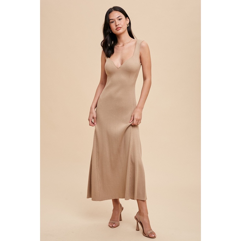 Beige Knit Deep V-Neck Maxi Dress