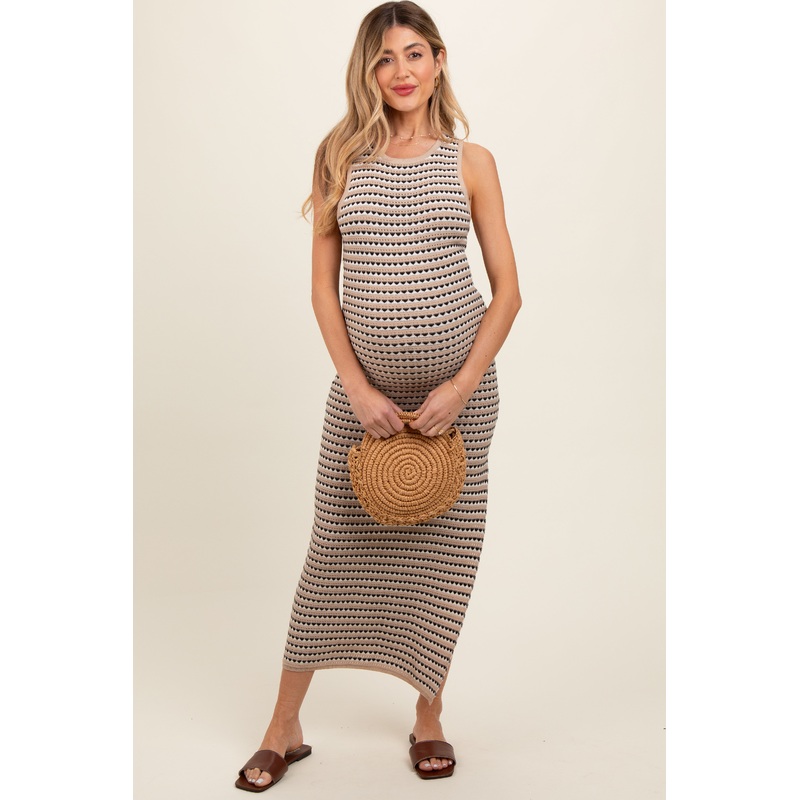 Beige Striped Knit Fitted Sleeveless Maternity Maxi Dress